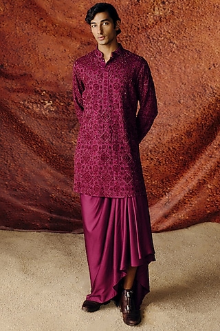 Deep Wine Silk Satin Sequins Embroidered Kurta Set by Amaare