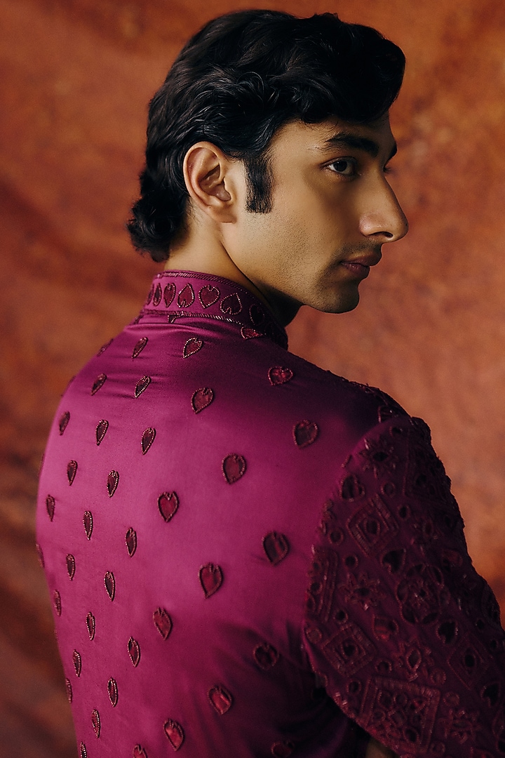 Deep Wine Silk Satin Sequins Embroidered Kurta Set by Amaare at Pernia's Pop Up Shop