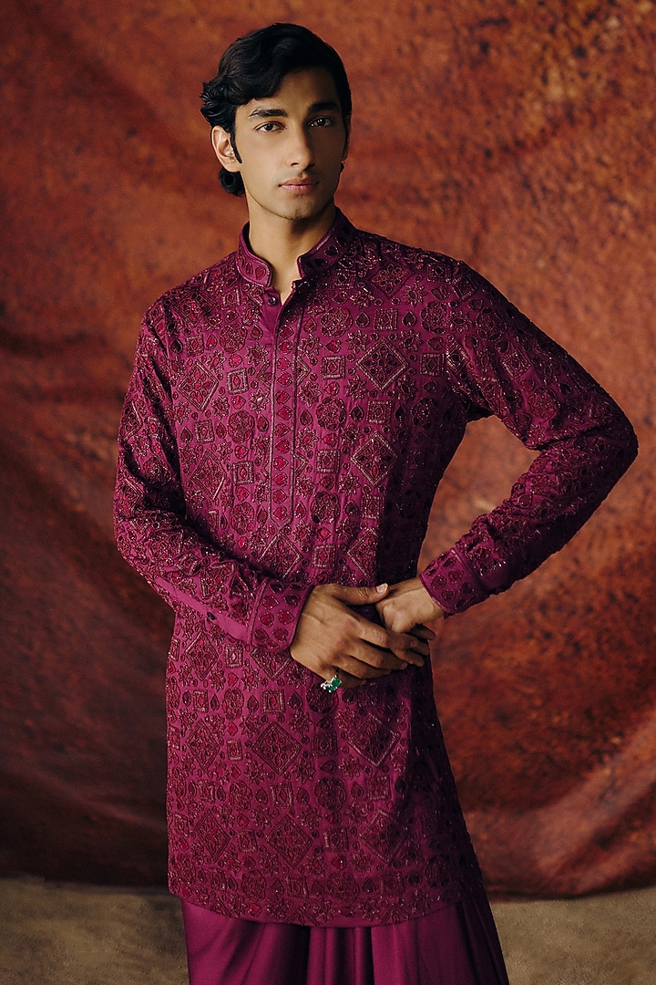 Deep Wine Silk Satin Sequins Embroidered Kurta Set by Amaare at Pernia's Pop Up Shop