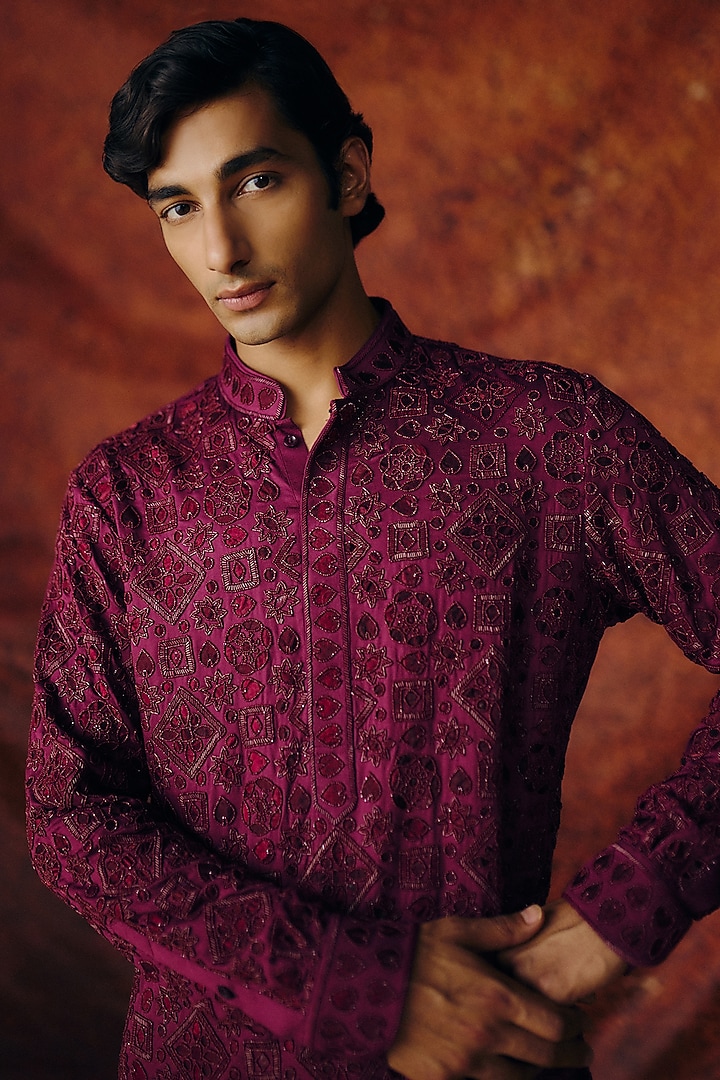 Deep Wine Silk Satin Sequins Embroidered Kurta Set by Amaare at Pernia's Pop Up Shop
