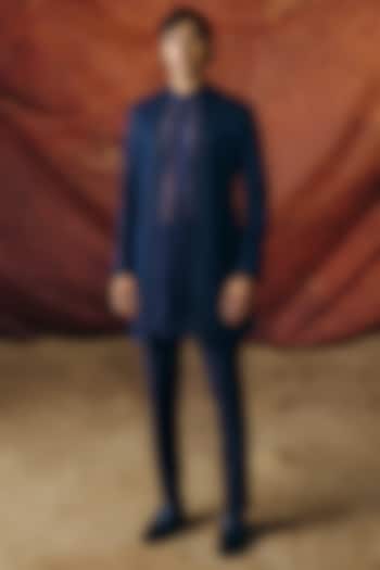 Navy Blue Silk Wool Blend Sequins Embroidered Indo-Western Set by Amaare at Pernia's Pop Up Shop