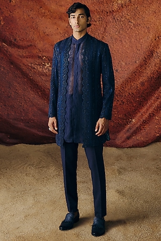 Navy Blue Silk Wool Blend Sequins Embroidered Indo-Western Set by Amaare