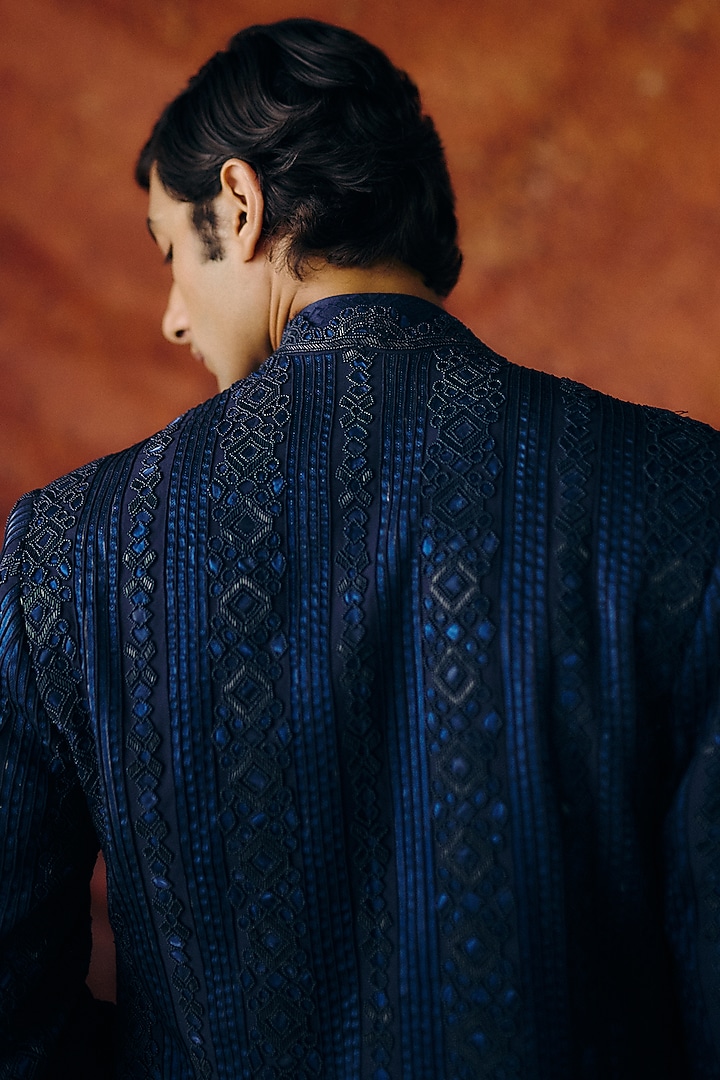 Navy Blue Silk Wool Blend Sequins Embroidered Indo-Western Set by Amaare at Pernia's Pop Up Shop