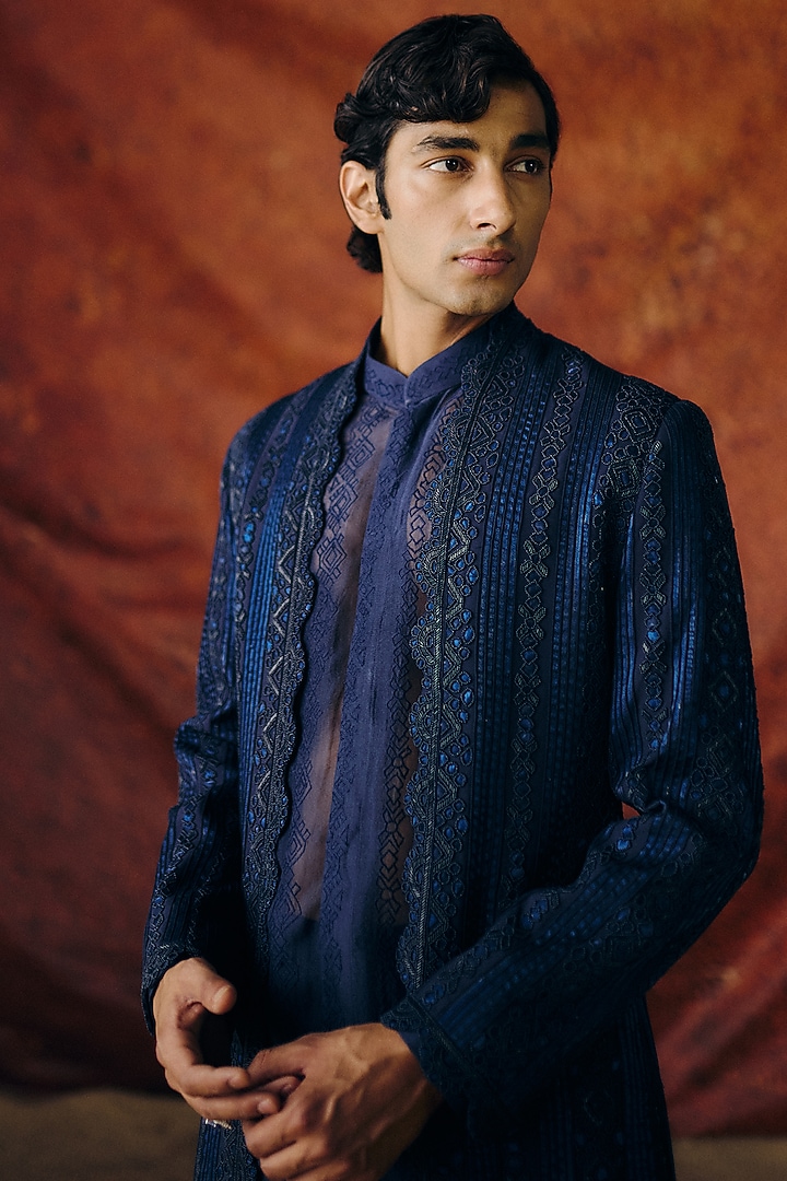 Navy Blue Silk Wool Blend Sequins Embroidered Indo-Western Set by Amaare at Pernia's Pop Up Shop