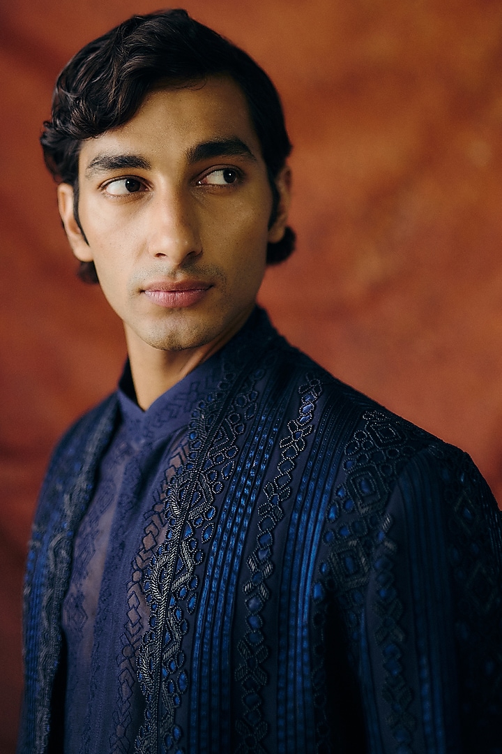 Navy Blue Silk Wool Blend Sequins Embroidered Indo-Western Set by Amaare at Pernia's Pop Up Shop