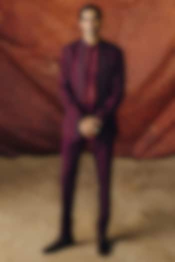 Deep Wine Silk Wool Blend Sequins Embroidered Groom Bandhgala Set by Amaare at Pernia's Pop Up Shop