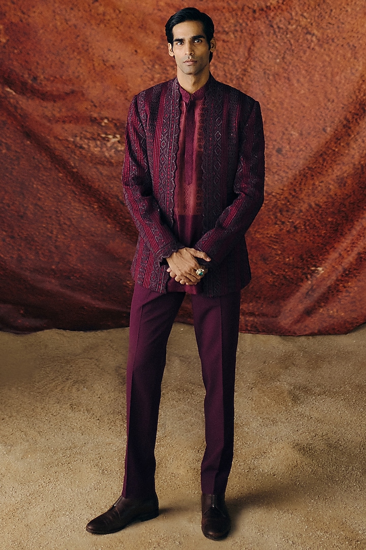 Deep Wine Silk Wool Blend Sequins Embroidered Groom Bandhgala Set by Amaare at Pernia's Pop Up Shop