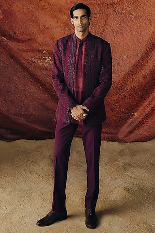Deep Wine Silk Wool Blend Sequins Embroidered Bandhgala Set by Amaare