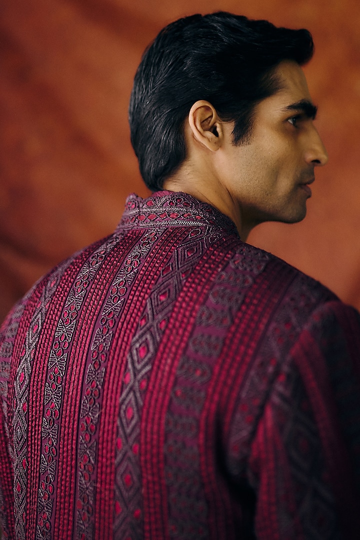Deep Wine Silk Wool Blend Sequins Embroidered Groom Bandhgala Set by Amaare at Pernia's Pop Up Shop