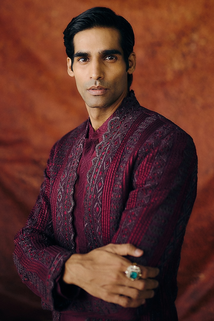 Deep Wine Silk Wool Blend Sequins Embroidered Groom Bandhgala Set by Amaare at Pernia's Pop Up Shop