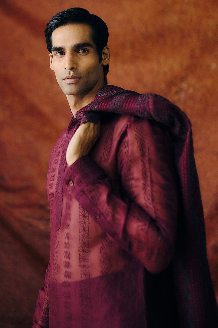 Deep Wine Silk Wool Blend Sequins Embroidered Groom Bandhgala Set by Amaare at Pernia's Pop Up Shop