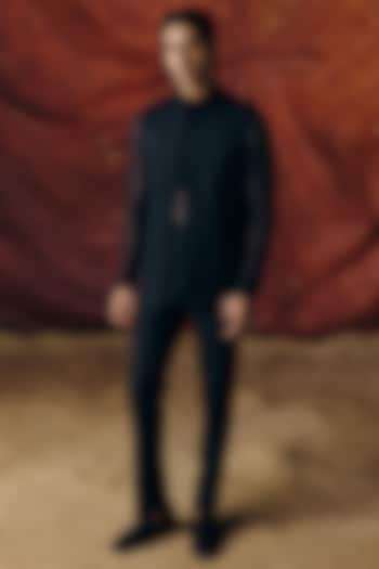 Black Silk Wool Blend Sequins Embroidered Nehru Jacket Set by Amaare at Pernia's Pop Up Shop