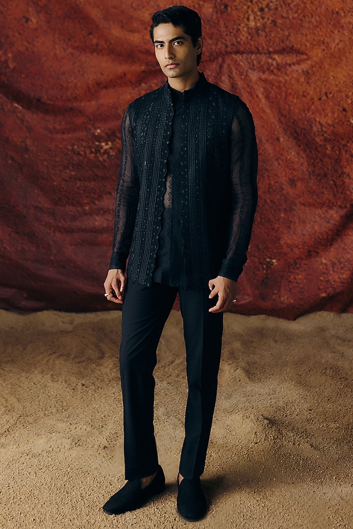 Black Silk Wool Blend Sequins Embroidered Nehru Jacket Set by Amaare at Pernia's Pop Up Shop