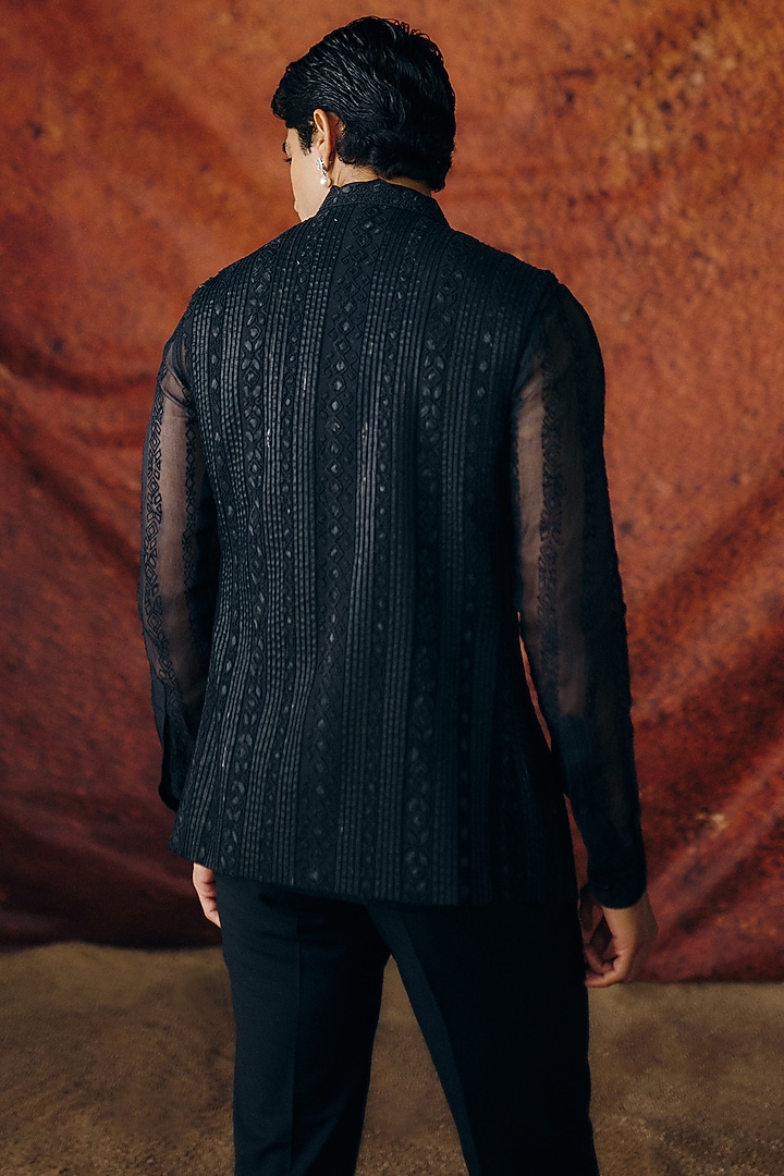 Black Silk Wool Blend Sequins Embroidered Nehru Jacket Set by Amaare at Pernia's Pop Up Shop