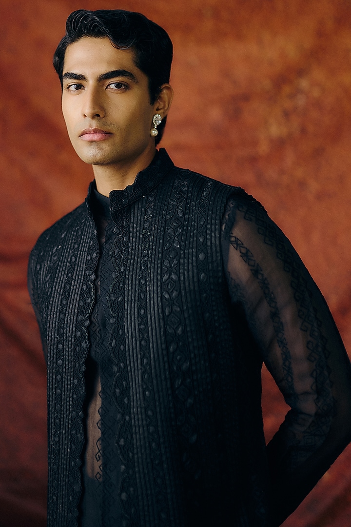 Black Silk Wool Blend Sequins Embroidered Nehru Jacket Set by Amaare at Pernia's Pop Up Shop