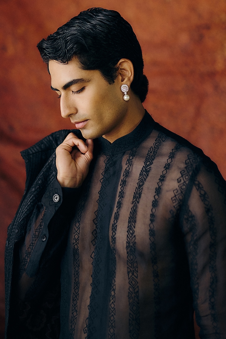 Black Silk Wool Blend Sequins Embroidered Nehru Jacket Set by Amaare at Pernia's Pop Up Shop