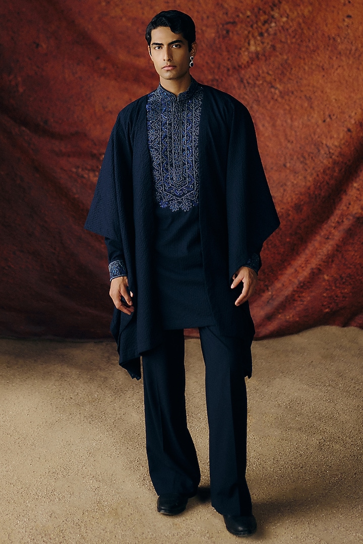 Navy Blue Chanderi Embroidered Indo-Western Set by Amaare at Pernia's Pop Up Shop