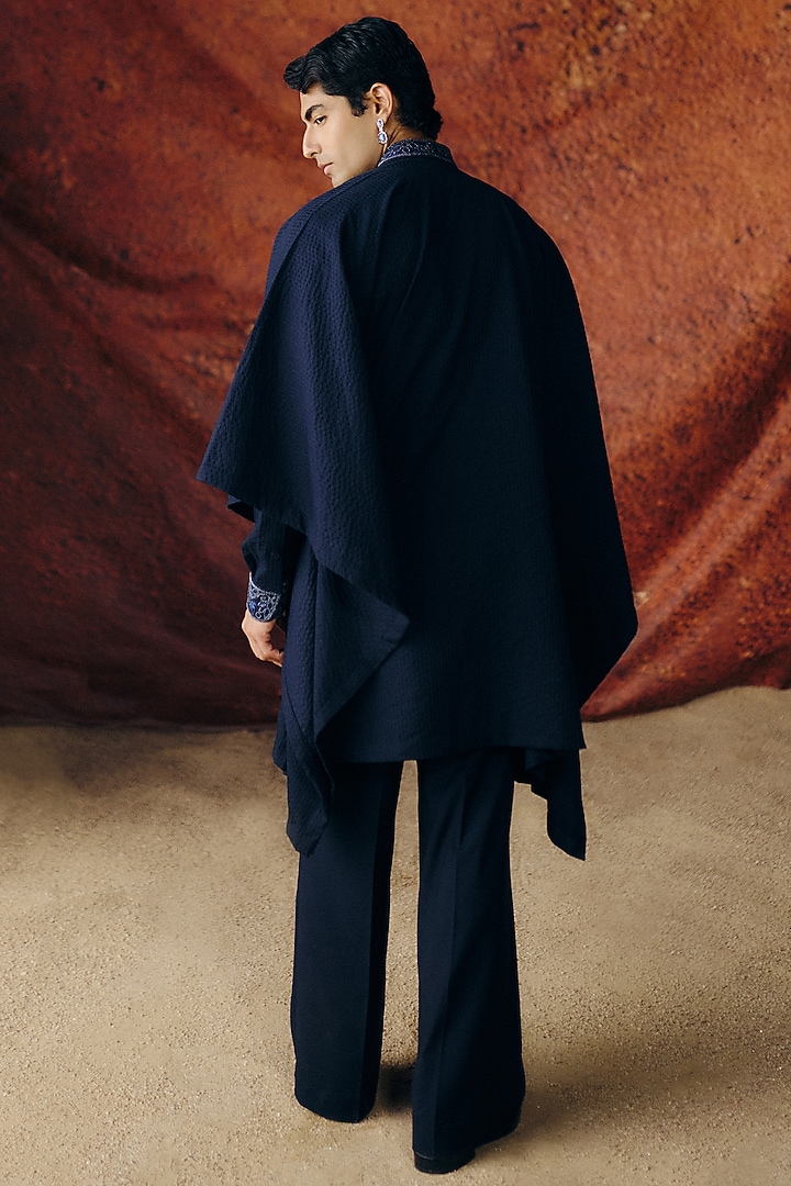 Navy Blue Chanderi Embroidered Indo-Western Set by Amaare at Pernia's Pop Up Shop