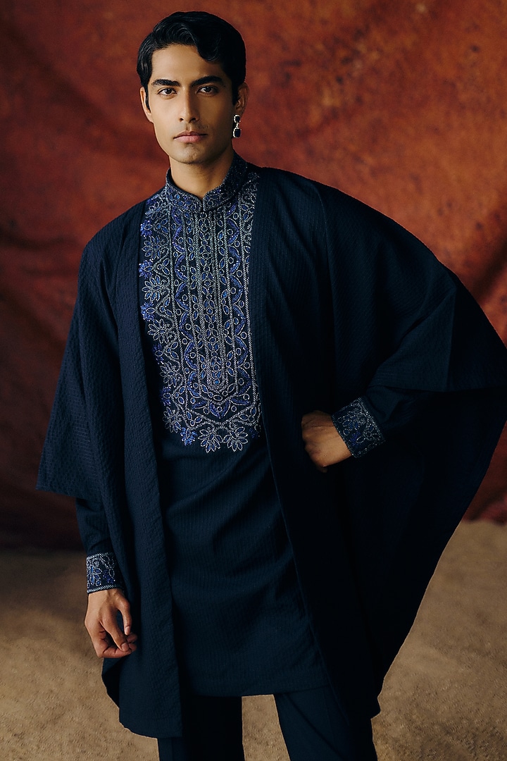 Navy Blue Chanderi Embroidered Indo-Western Set by Amaare at Pernia's Pop Up Shop