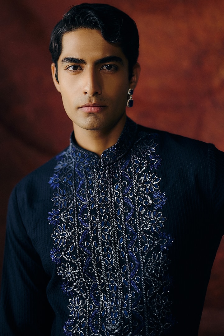 Navy Blue Chanderi Embroidered Indo-Western Set by Amaare at Pernia's Pop Up Shop