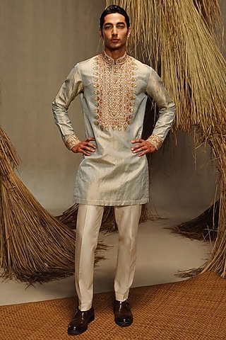 Ice Blue Silk Tissue Kurta Set by Amaare