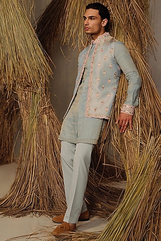 Ice Blue Silk Tissue Nehru Jacket Set by Amaare