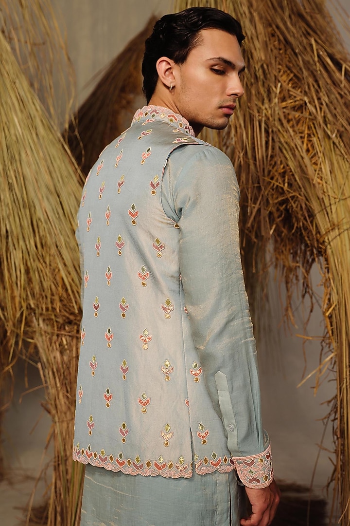 Ice Blue Silk Tissue Nehru Jacket Set by Amaare at Pernia's Pop Up Shop
