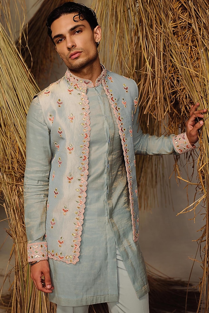 Ice Blue Silk Tissue Nehru Jacket Set by Amaare at Pernia's Pop Up Shop