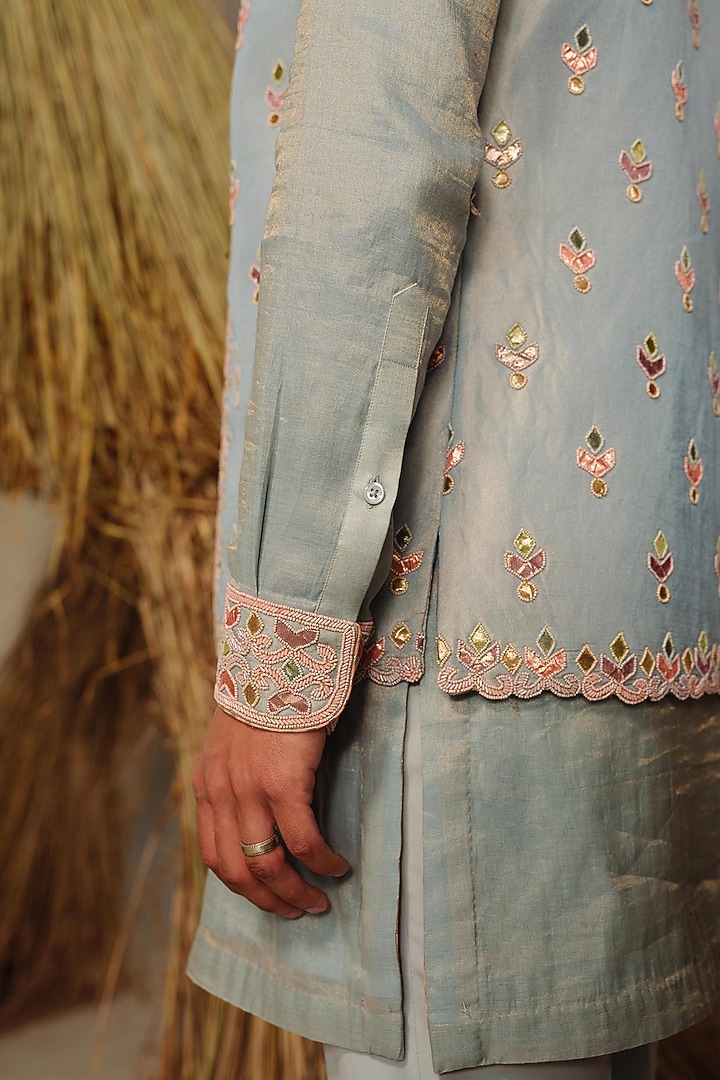 Ice Blue Silk Tissue Nehru Jacket Set by Amaare at Pernia's Pop Up Shop