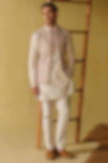 Ivory Raw Silk Tissue Nehru Jacket Set by Amaare at Pernia's Pop Up Shop