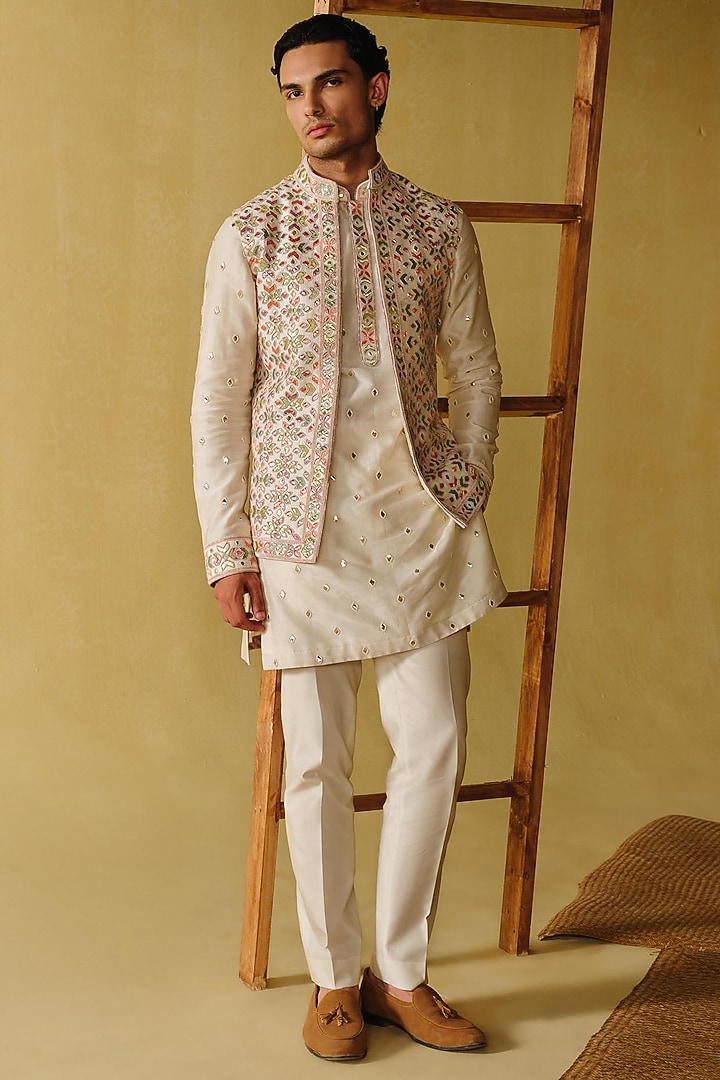 Ivory Raw Silk Tissue Nehru Jacket Set by Amaare at Pernia's Pop Up Shop