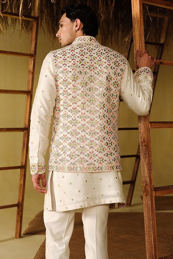 Ivory Raw Silk Tissue Nehru Jacket Set by Amaare at Pernia's Pop Up Shop
