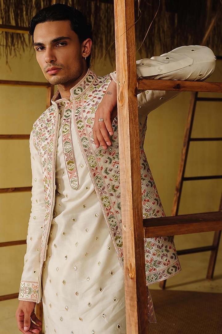 Ivory Raw Silk Tissue Nehru Jacket Set by Amaare at Pernia's Pop Up Shop