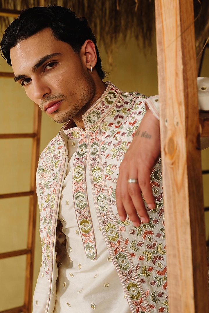 Ivory Raw Silk Tissue Nehru Jacket Set by Amaare at Pernia's Pop Up Shop