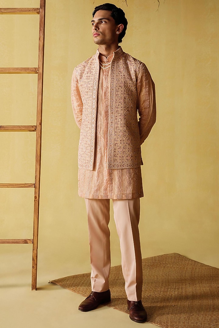 Peach Silk Tissue Nehru Jacket Set by Amaare at Pernia's Pop Up Shop