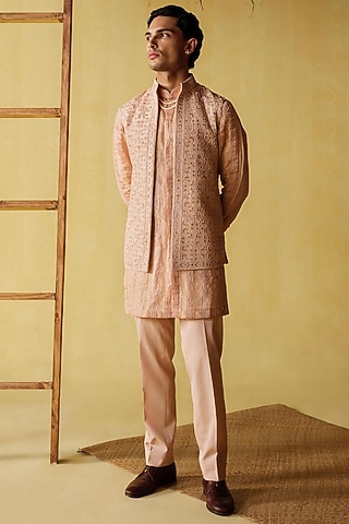 Peach Silk Tissue Nehru Jacket Set by Amaare
