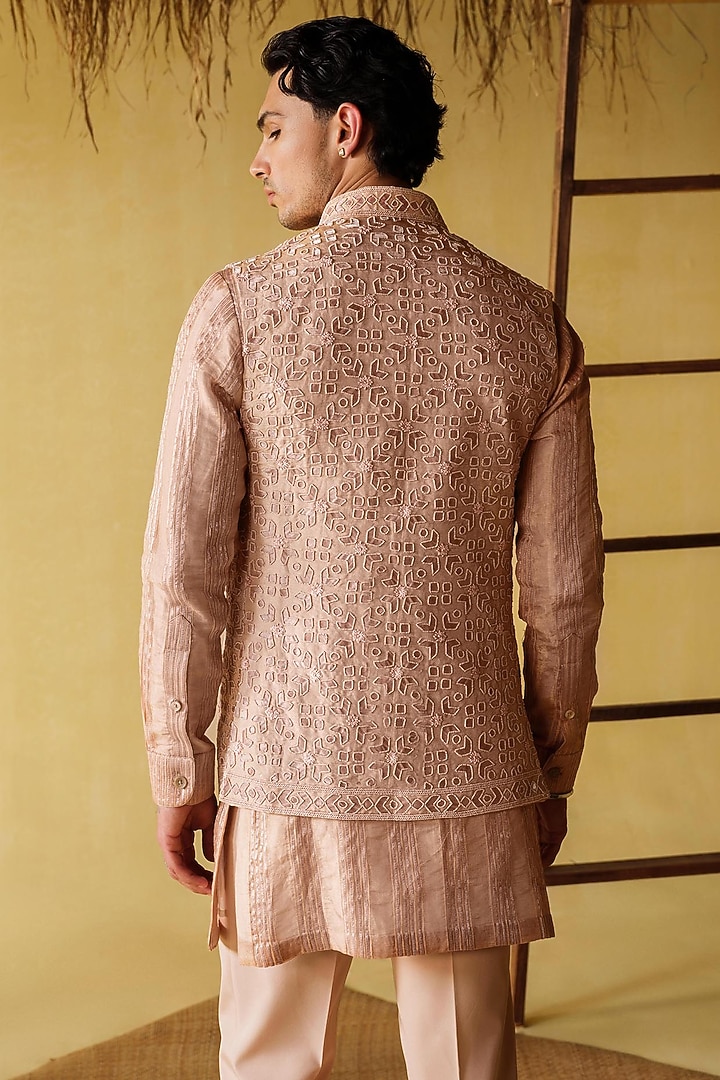 Peach Silk Tissue Nehru Jacket Set by Amaare at Pernia's Pop Up Shop