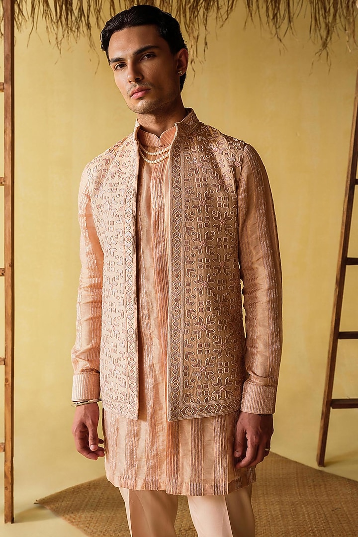 Peach Silk Tissue Nehru Jacket Set by Amaare at Pernia's Pop Up Shop