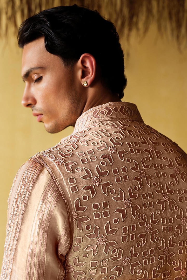 Peach Silk Tissue Nehru Jacket Set by Amaare at Pernia's Pop Up Shop