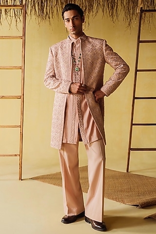 Dusty Pink Silk Wool Blend Indo-Western Set by Amaare