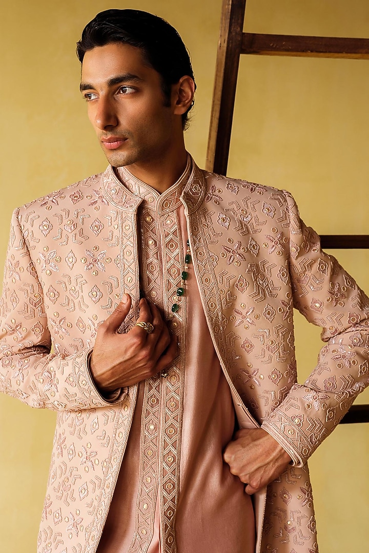 Dusty Pink Silk Wool Blend Indo-Western Set by Amaare at Pernia's Pop Up Shop