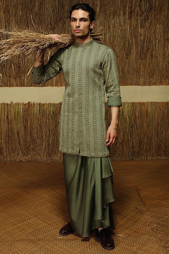 Olive Green Chanderi Kurta Set by Amaare at Pernia's Pop Up Shop