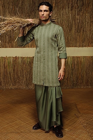 Olive Green Chanderi Kurta Set by Amaare