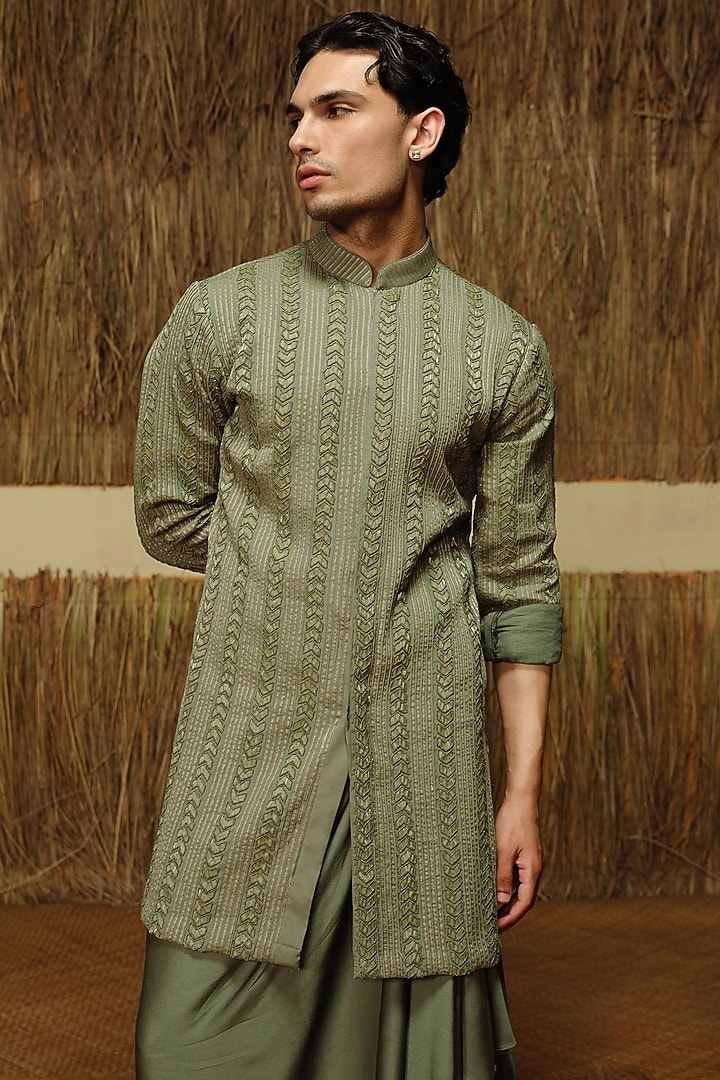 Olive Green Chanderi Kurta Set by Amaare at Pernia's Pop Up Shop