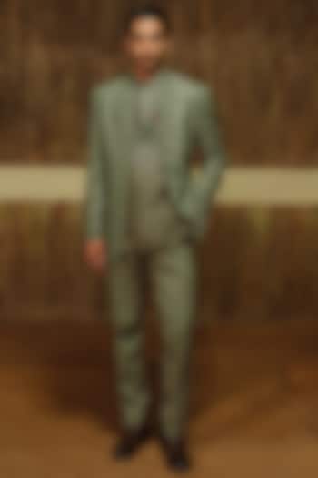 Olive Green Silk Wool Blend Groom Bandhgala Set by Amaare at Pernia's Pop Up Shop