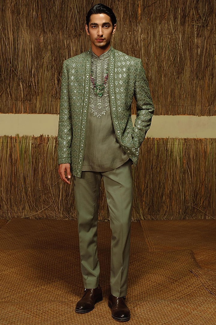 Olive Green Silk Wool Blend Groom Bandhgala Set by Amaare at Pernia's Pop Up Shop