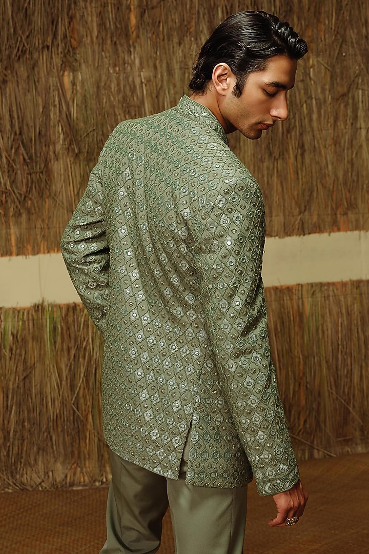 Olive Green Silk Wool Blend Groom Bandhgala Set by Amaare at Pernia's Pop Up Shop