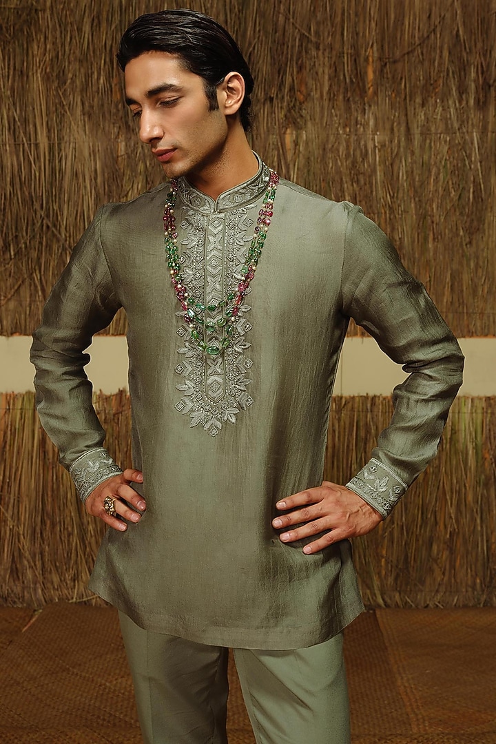 Olive Green Silk Wool Blend Groom Bandhgala Set by Amaare at Pernia's Pop Up Shop