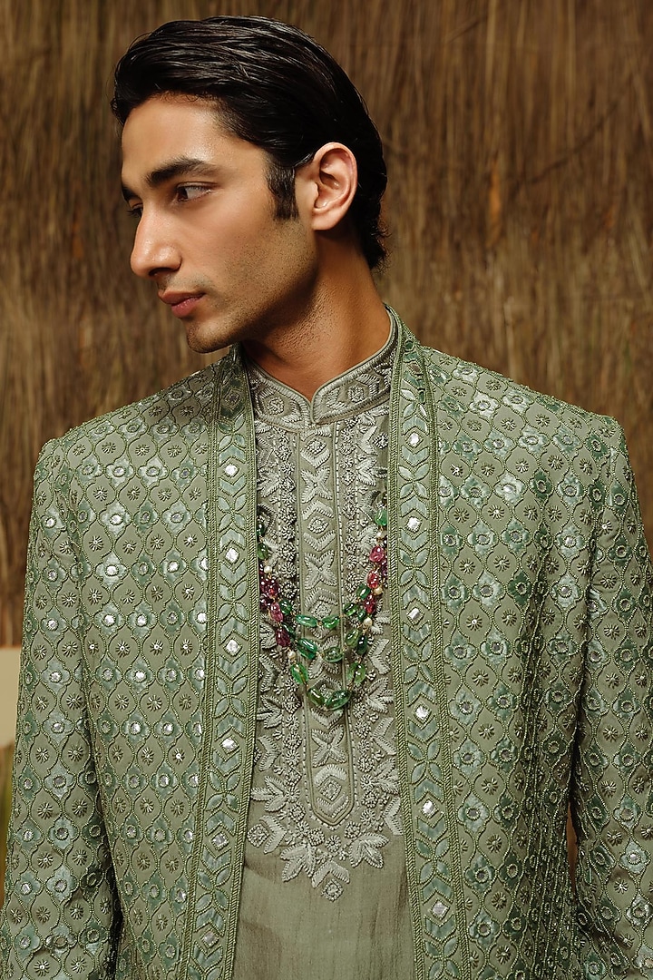 Olive Green Silk Wool Blend Groom Bandhgala Set by Amaare at Pernia's Pop Up Shop