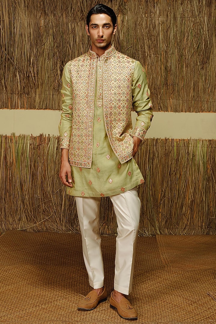 Mint Green Raw Silk Nehru Jacket Set by Amaare at Pernia's Pop Up Shop